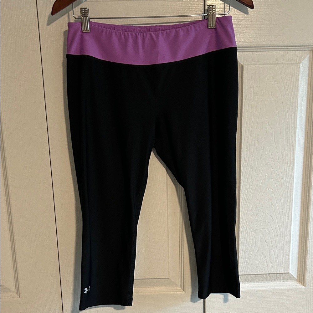 Under Armour Women's Crop Black Leggings with Purple Waistband